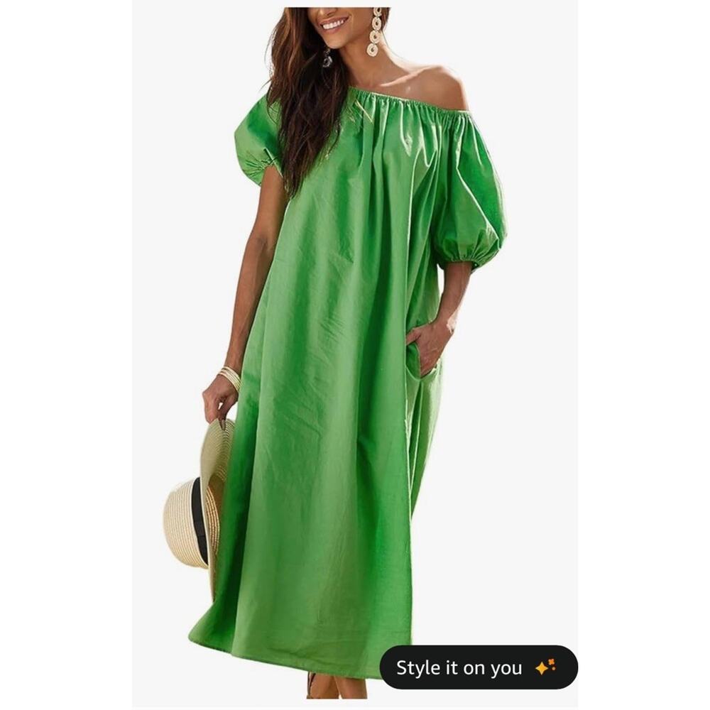 Green Puff Sleeve Midi Dress Open Back Tie Waist A-Line Flowy L
